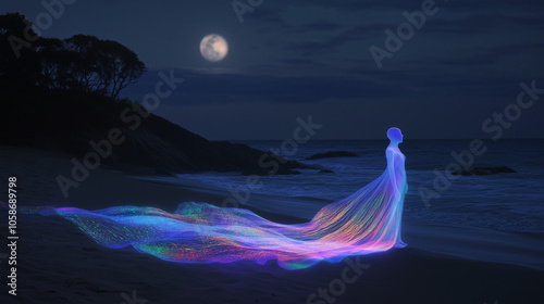 Colorful Luminous Silhouette Standing on Moonlit Beach with Flowing Trail photo