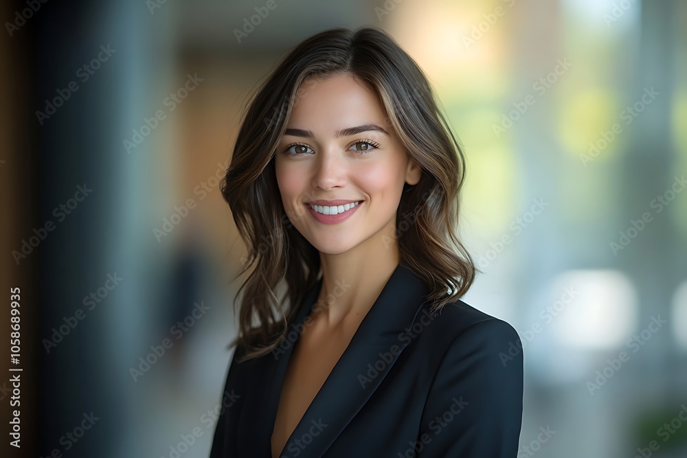 Naklejka premium Confident Businesswoman in Black Blazer with Modern Makeup