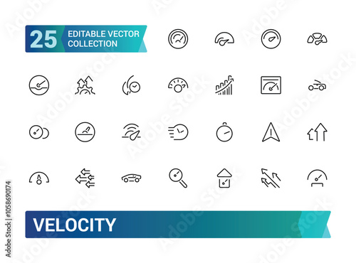 Velocity icon set. Containing speed, acceleration, momentum, rate, force, motion, velocity, physics, and more. Line vector icons collection. Vector illustration.