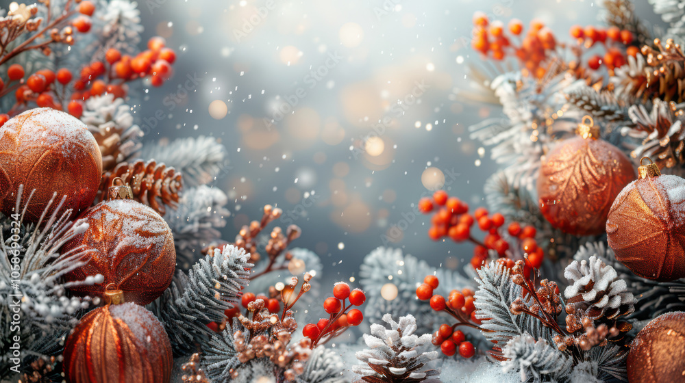 Festive Winter Wonderland with Berry and Pine Accents Background, Card or Backdrop