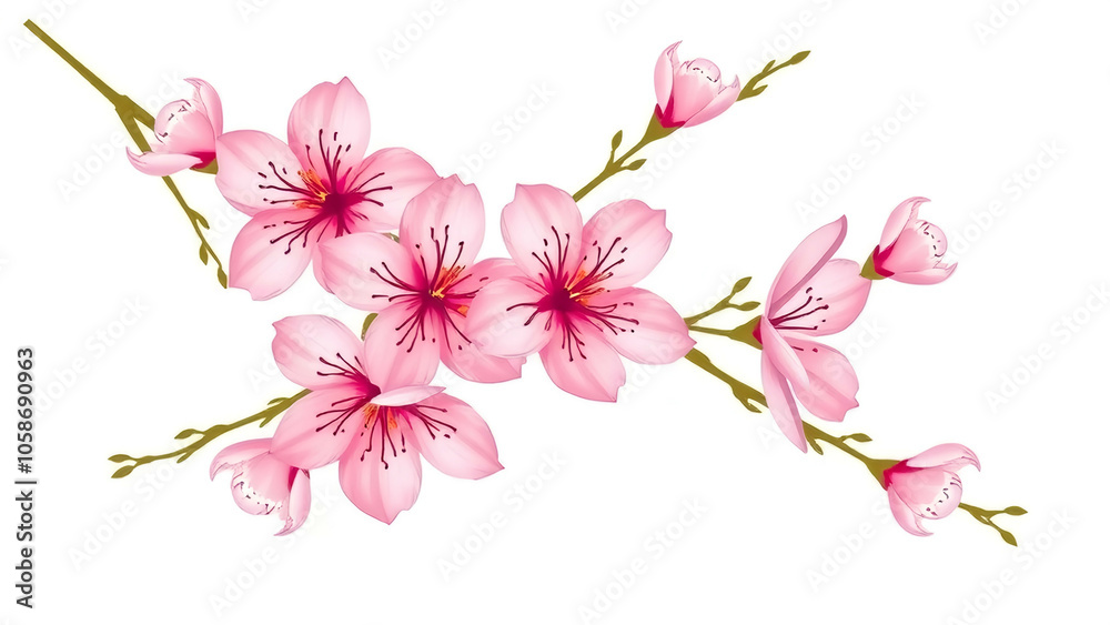 Stylized cherry blossoms in soft pink with intricate detailing, paired with thin green stems on a white background for a balanced, harmonious pattern.
Stylized cherry blossoms in soft pink with intricate detailing, paired with thin green stems on a white background for a balanced, harmonious pattern.