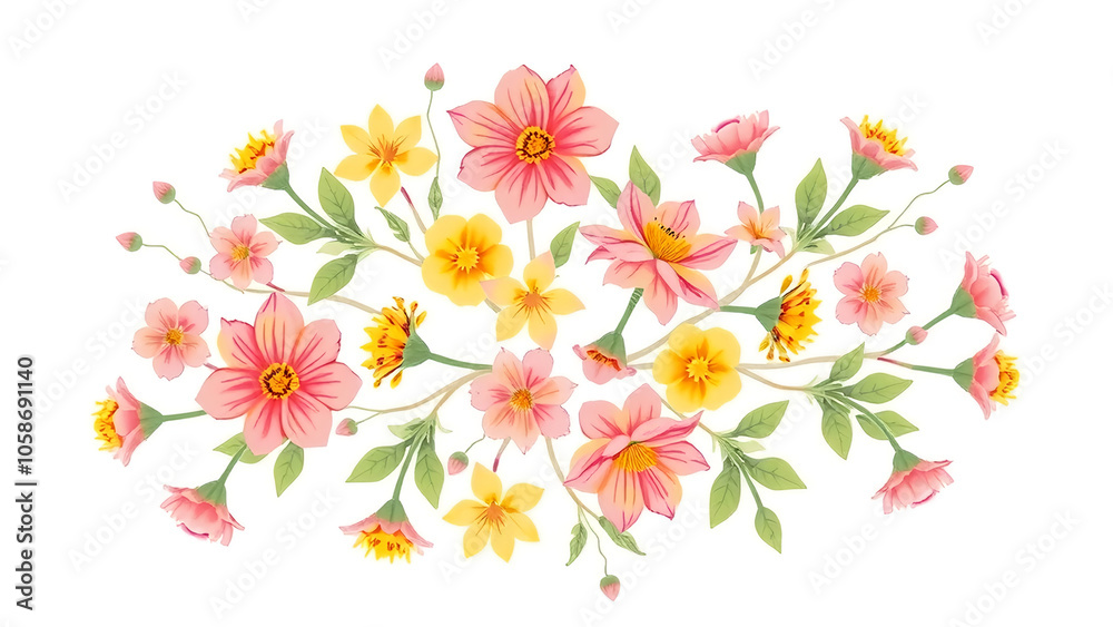 Charming flower clusters in pastel pinks and yellows, with detailed outlines and soft foliage, designed on a white background for a cheerful, lighthearted look
Charming flower clusters in pastel pinks and yellows, with detailed outlines and soft foliage, designed on a white background for a cheerful, lighthearted look