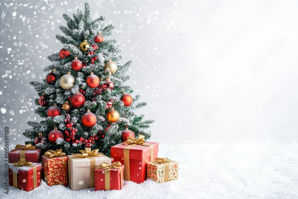 Vibrant Christmas tree surrounded by colorful gifts on a white background, embodying the spirit of Christmas and New Year celebrations, with ample copy space. Vibrant Christmas tree surrounded by colorful gifts on a white background, embodying the spirit of Christmas and New Year celebrations, with ample copy space.