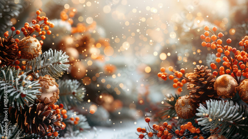 Festive Winter Wonderland with Berry and Pine Accents Background, Card or Backdrop