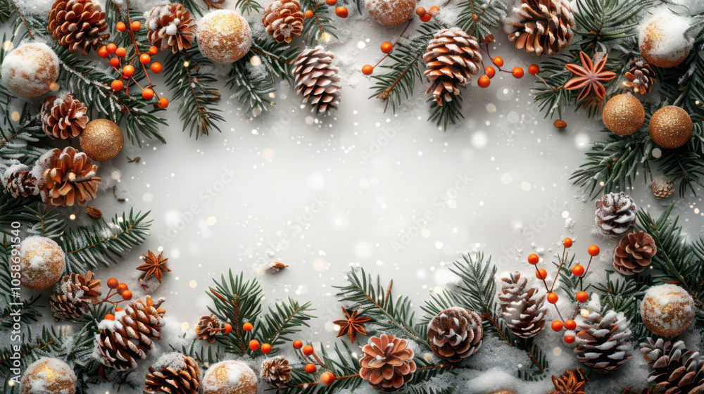 Festive Winter Wonderland with Berry and Pine Accents Background, Card or Backdrop