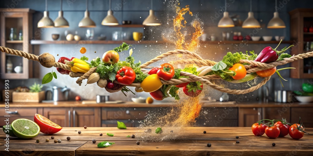 Fototapeta premium Dynamic food photography captures the dramatic moment of a rope breaking, sending ingredients flying in an artistic blend of flavors and culinary excitement. A visual feast!