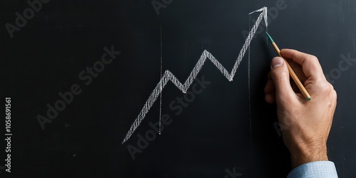 A hand carefully draws a rising green arrow on a blackboard, symbolizing growth and progress in a simple, yet impactful way.