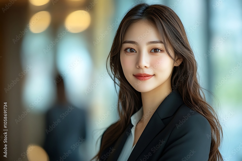 Confident Businesswoman in Black Blazer, Office Setting Headshot
