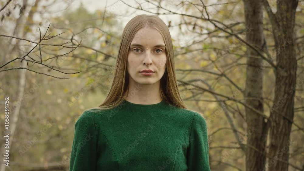 Model poses in a serene woodland setting, alternately opening and closing her eyes against a soft backdrop of blurred trees and branches, embodying tranquility and contemplation Model poses in a serene woodland setting, alternately opening and closing her eyes against a soft backdrop of blurred trees and branches, embodying tranquility and contemplation
