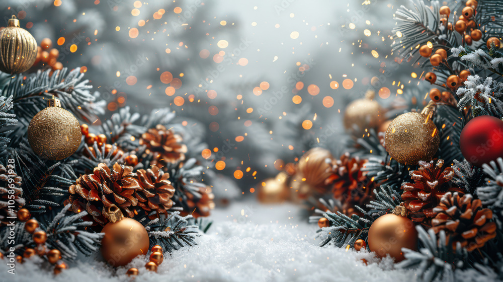 Festive Winter Wonderland with Berry and Pine Accents Background, Card or Backdrop