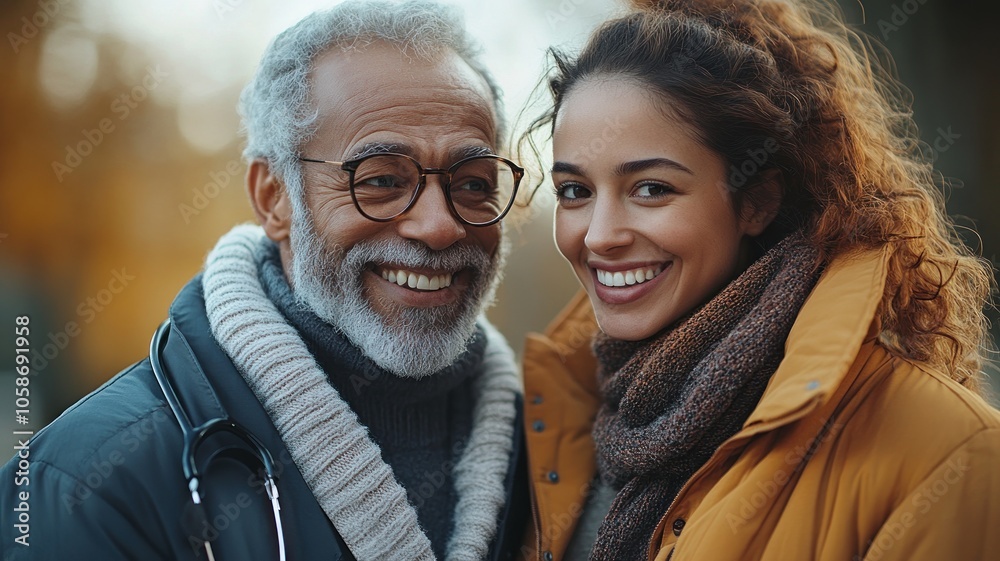 A smiling doctor and a woman pose together outdoors in autumn. A smiling doctor and a woman pose together outdoors in autumn.