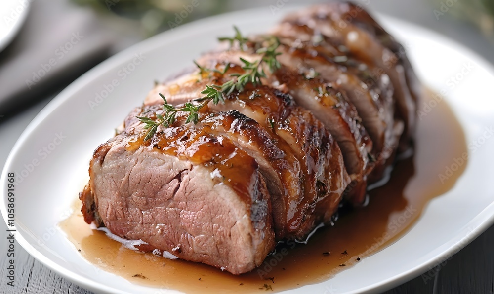 A gourmet presentation of baked lamb with honey and thyme sauce, Generative AI