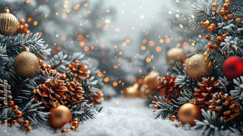 Obraz na płótnie Festive Winter Wonderland with Berry and Pine Accents Background, Card or Backdrop w salonie