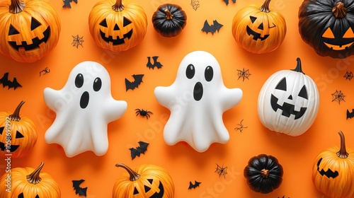 Cartoon ghosts and pumpkins pattern on bright orange background for Halloween