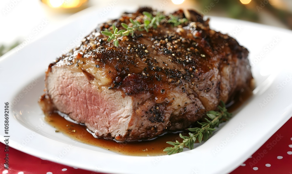 A gourmet presentation of baked lamb with honey and thyme sauce, Generative AI A gourmet presentation of baked lamb with honey and thyme sauce, Generative AI