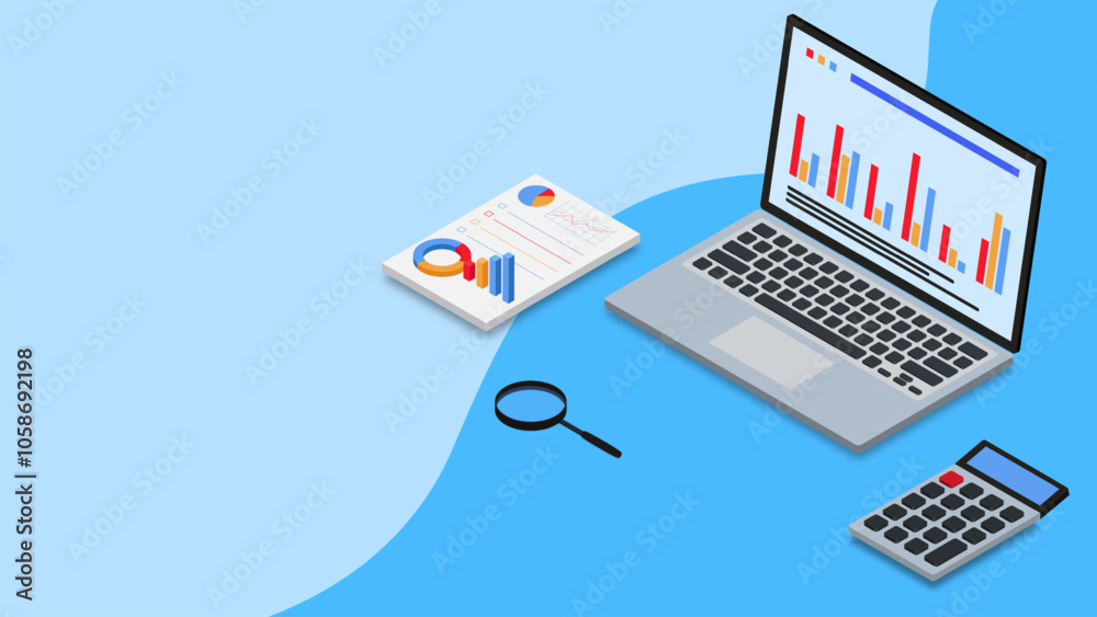 Data analysis concept. Financial report, business investment, with 3d isometric laptop, document, calculator and magnifying glass Data analysis concept. Financial report, business investment, with 3d isometric laptop, document, calculator and magnifying glass