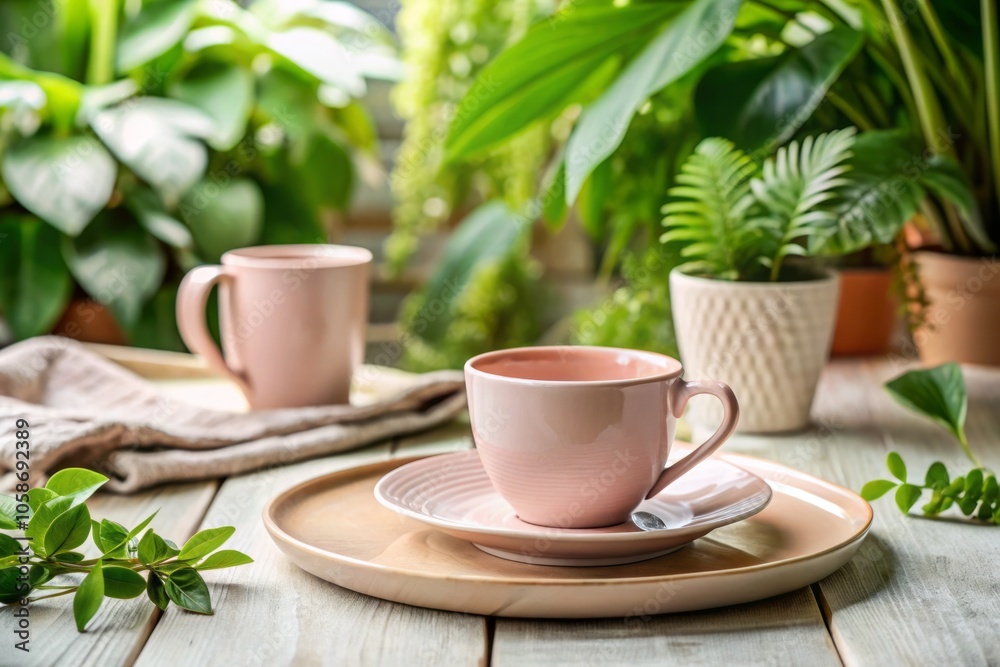 Elegant Pink Ceramic Plate and Mug on White Fabric Background with Greenery for Stylish Table Setting, Interior Decor, and Minimalist Aesthetic Elegant Pink Ceramic Plate and Mug on White Fabric Background with Greenery for Stylish Table Setting, Interior Decor, and Minimalist Aesthetic