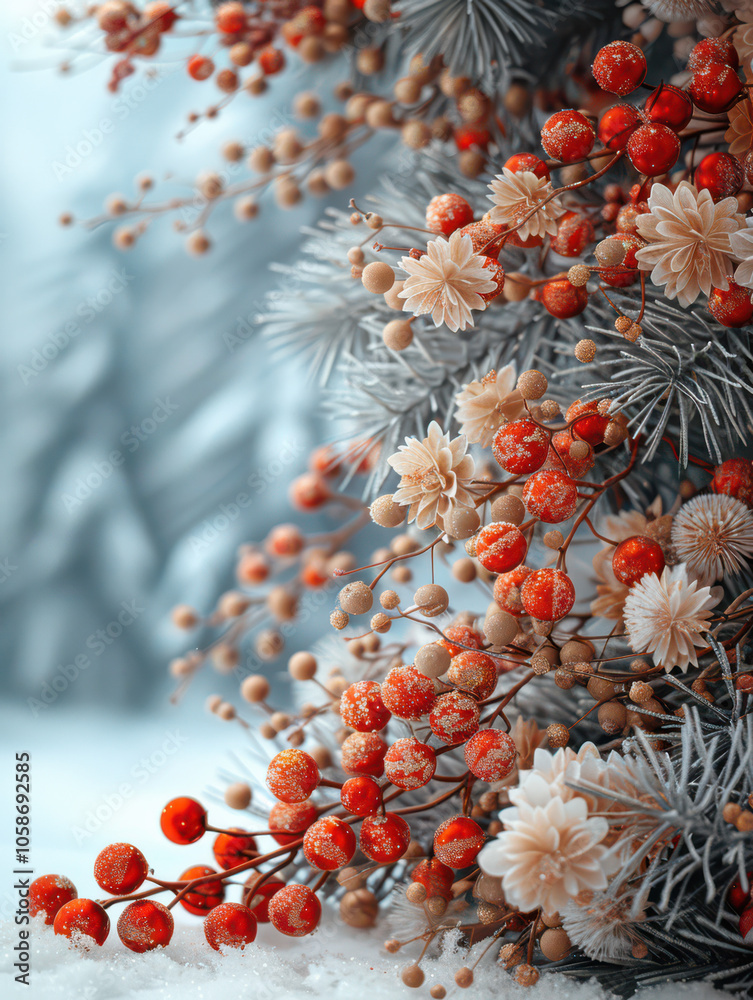 Festive Winter Wonderland with Berry and Pine Accents Background, Card or Backdrop