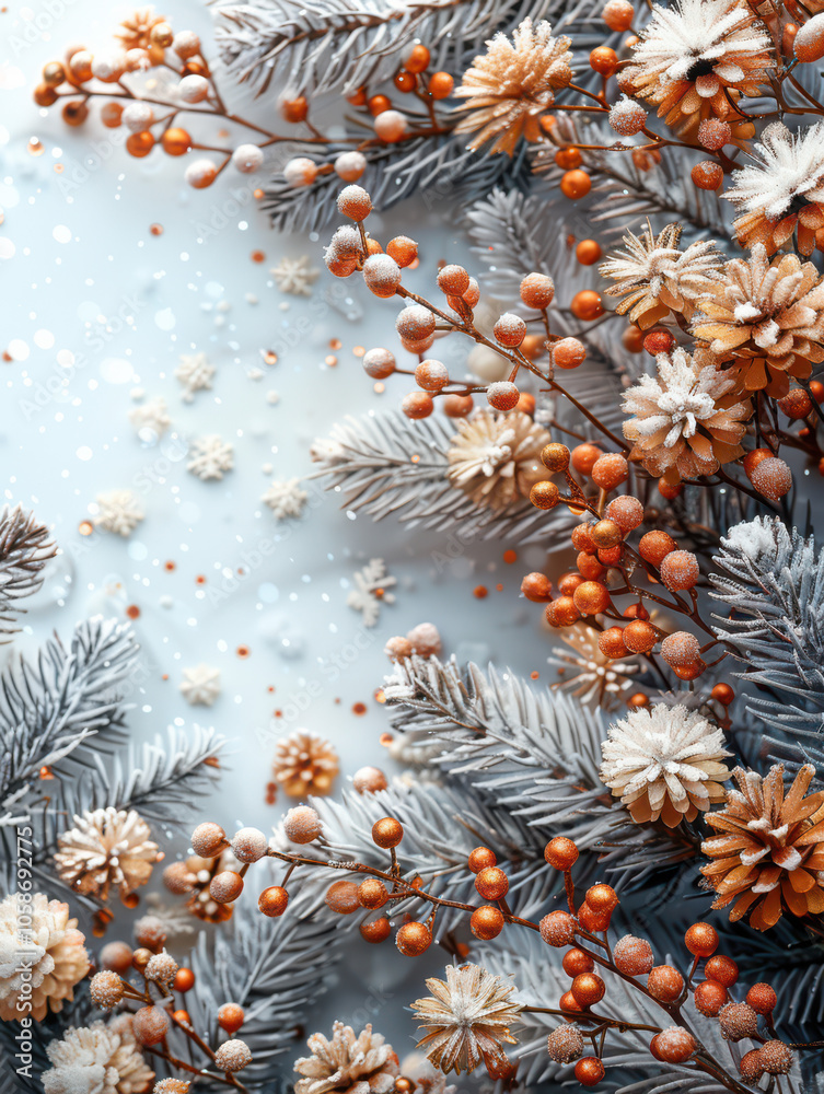 Festive Winter Wonderland with Berry and Pine Accents Background, Card or Backdrop