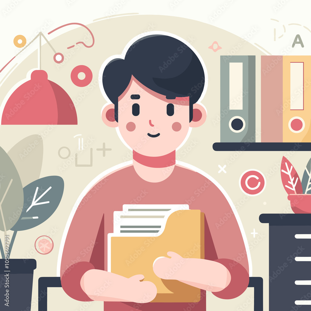 Young man holding files in a colorful office with plants and decorative elements Young man holding files in a colorful office with plants and decorative elements