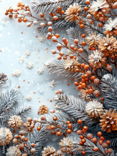 Obraz na płótnie Festive Winter Wonderland with Berry and Pine Accents Background, Card or Backdrop w salonie