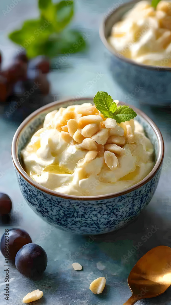 Creamy Yogurt Dessert Photo with Peanuts, Honey, and Grapes Creamy Yogurt Dessert Photo with Peanuts, Honey, and Grapes