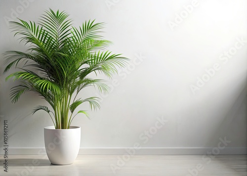 Indoor Palm Plant in White Pot Against White Wall, Perfect for Minimalist Decor and Text Overlay, 3D Illustration for Urban Exploration Photography