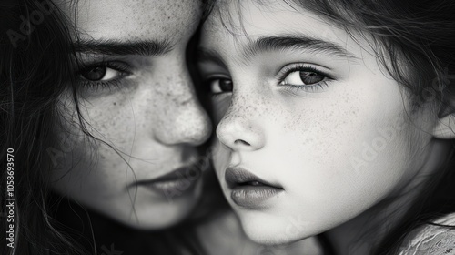 A close-up black and white portrait of two young girls with freckles looking at the camera.