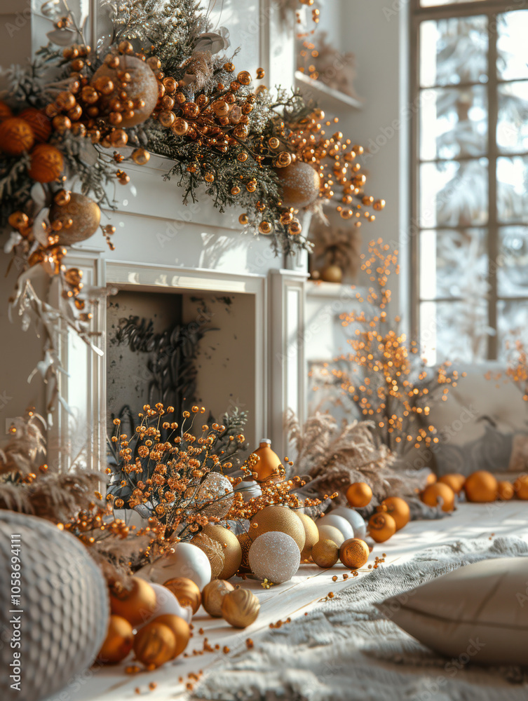 Festive Winter Wonderland with Berry and Pine Accents Background, Card or Backdrop