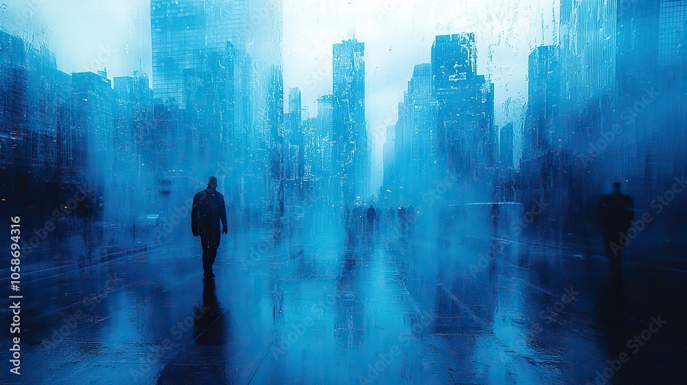 Obraz premium Close-up of blue skyscraper with reflections of the city in double exposure photography