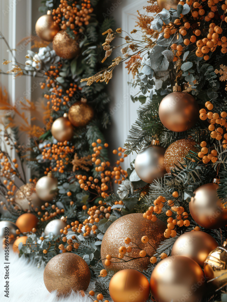 Festive Winter Wonderland with Berry and Pine Accents Background, Card or Backdrop