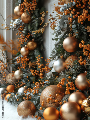 Obraz na płótnie Festive Winter Wonderland with Berry and Pine Accents Background, Card or Backdrop w salonie