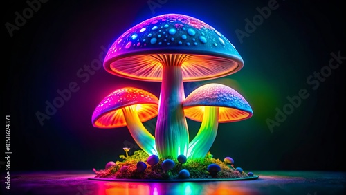 Captivating neon mushroom photography, perfect for unique home decor and nature enthusiasts. Eye-catching colors and intricate details inspire modern aesthetics and interior design. photo