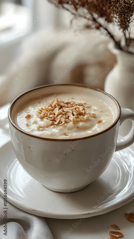 Photo of Creamy Soup with Toasted Almonds in White Ceramic Bowl Photo of Creamy Soup with Toasted Almonds in White Ceramic Bowl