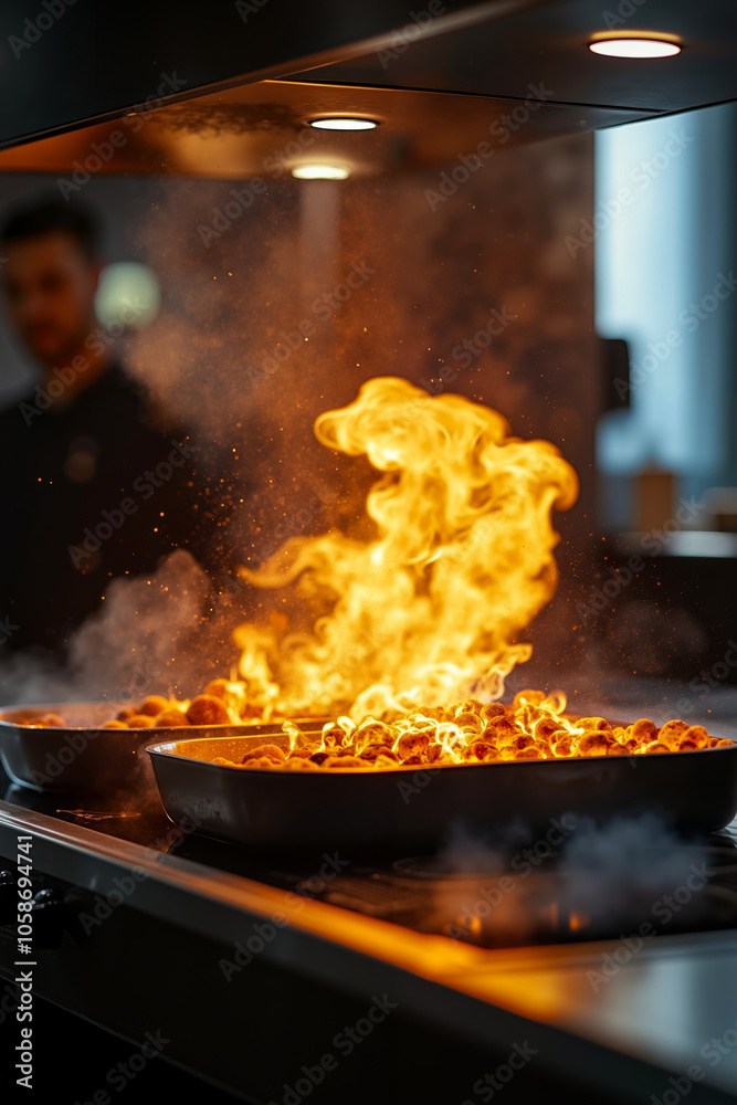 A man is cooking food in a kitchen, with a large flame visible above the pan A man is cooking food in a kitchen, with a large flame visible above the pan