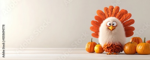 A cute cartoon turkey with vibrant feathers stands beside pumpkins, set against a light background, evoking a festive autumn theme. photo