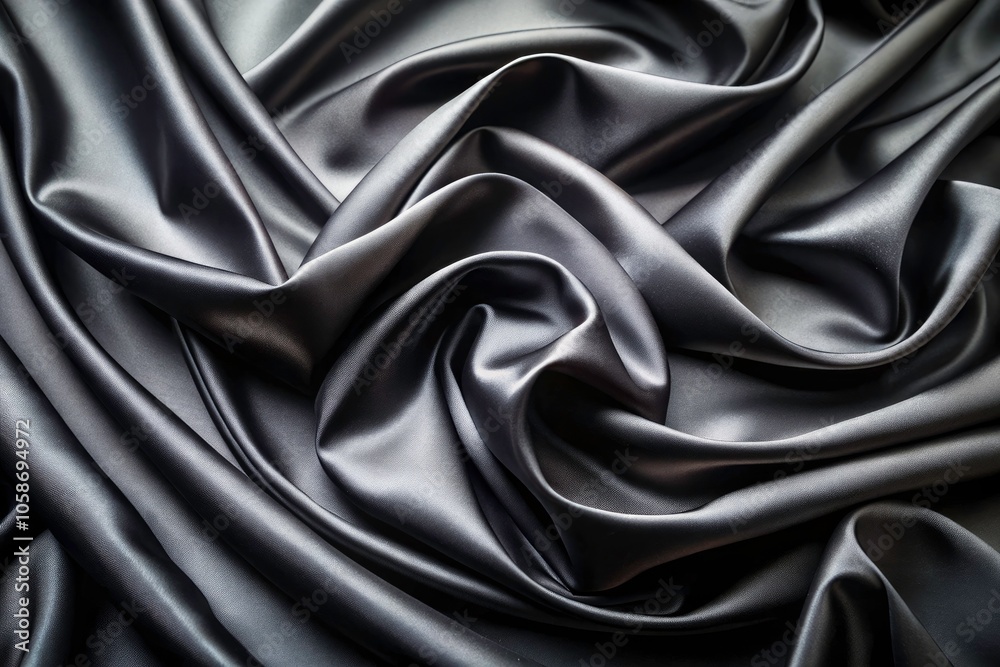Fototapeta premium Luxurious Black Silk Fabric with Elegant Waves and Glossy Texture for Food Photography Background, Design Projects, Luxury Decor, Textured Fabrics, Elegant Settings