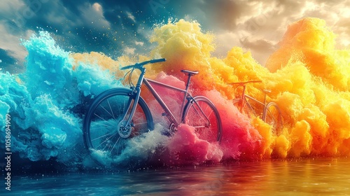 Two bicycles riding through a wave of blue, pink, and yellow paint photo