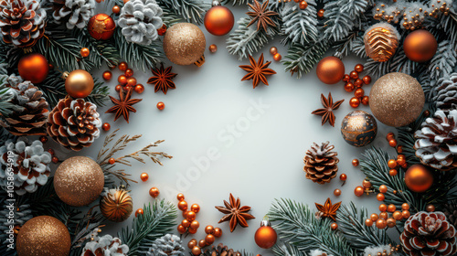 Obraz na płótnie Festive Winter Wonderland with Berry and Pine Accents Background, Card or Backdrop w salonie