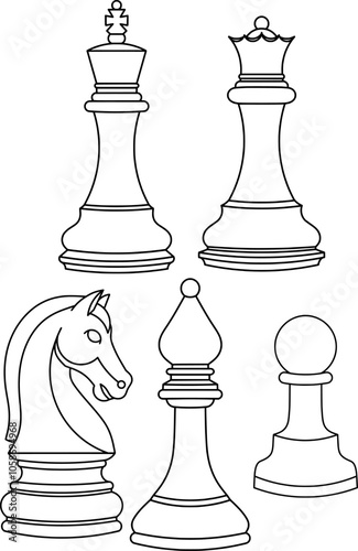 Set of chess pieces, vector outline illustration of chess chess king, chess queen, knight, pawn