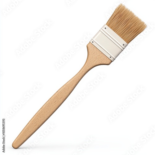 A paintbrush with a wooden handle and bristles, used for painting and applying finishes.