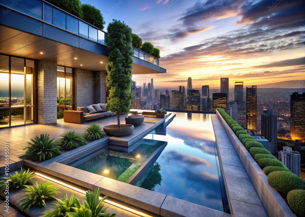 Obraz premium Luxurious Penthouse with Infinity Pool Overlooking City Skyline at Dusk, Modern Design, Opulent Amenities, Dream Home, Urban Oasis, Stylish Living Space, Exquisite Views, High-End Lifestyle