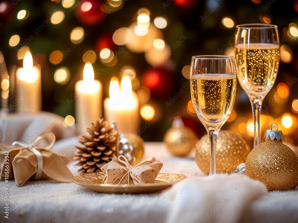 Elegant Christmas Table Setting with a Glass of Champagne and Festive Decorations Elegant Christmas Table Setting with a Glass of Champagne and Festive Decorations
