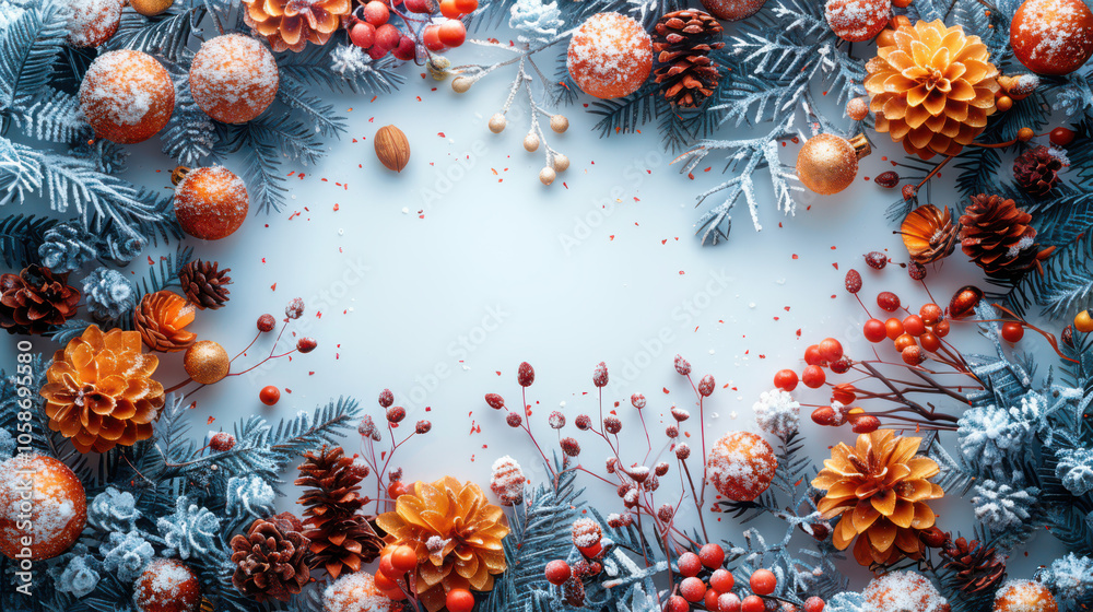 Festive Winter Wonderland with Berry and Pine Accents Background, Card or Backdrop