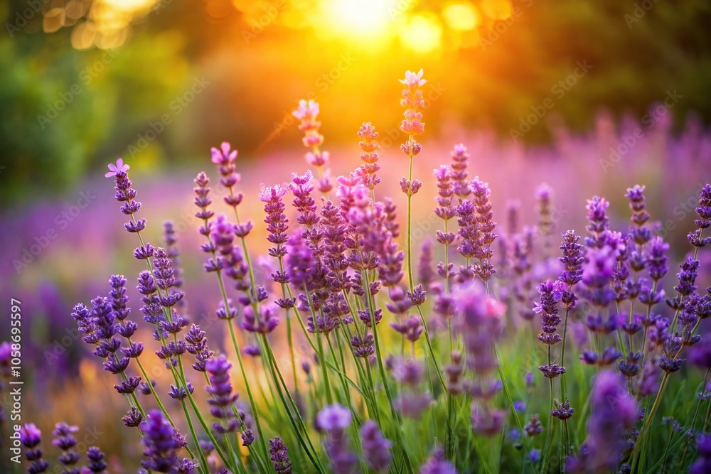 Obraz premium Softly glowing lavender flowers in a lush green garden at sunset, purple, lavender, flower