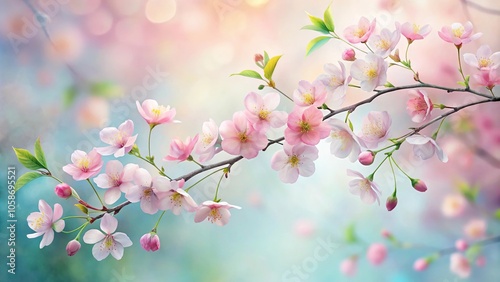 Softly blended watercolor petals unfolding from a delicate branch, foliage textures, watercolor texture, serene atmosphere