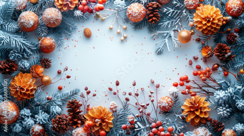 Obraz na płótnie Festive Winter Wonderland with Berry and Pine Accents Background, Card or Backdrop w salonie