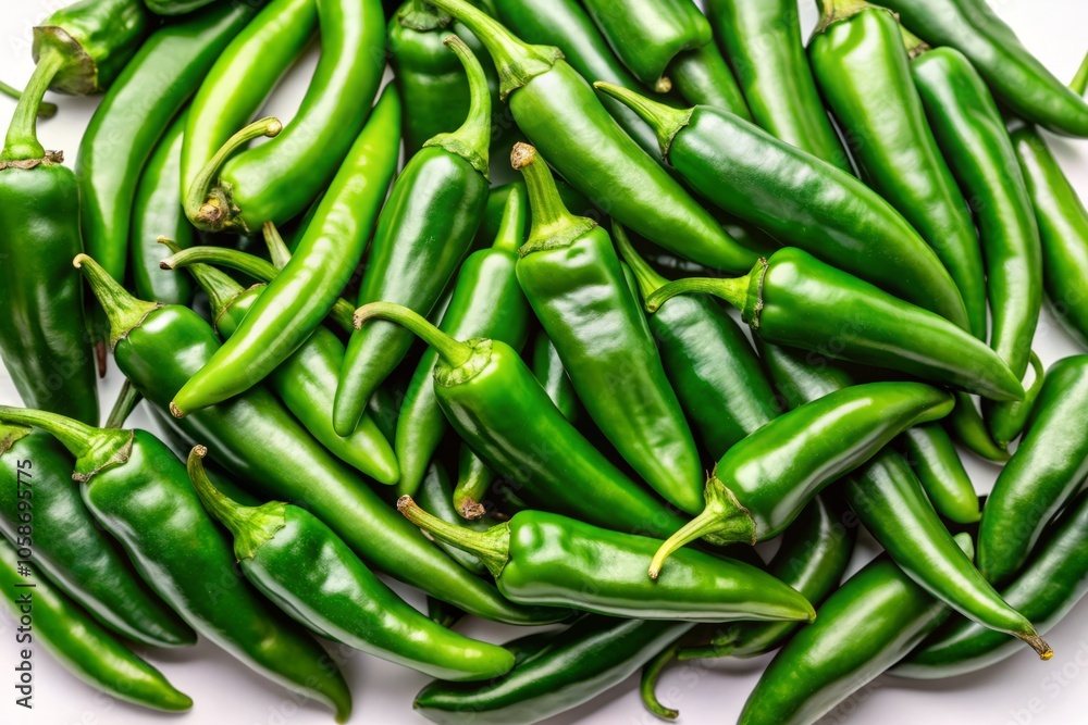 Fresh Green Chili Peppers on White Background - Vibrant Food Photography for Culinary Inspiration, Spicy Ingredients, Healthy Eating, and Colorful Food Presentation Fresh Green Chili Peppers on White Background - Vibrant Food Photography for Culinary Inspiration, Spicy Ingredients, Healthy Eating, and Colorful Food Presentation