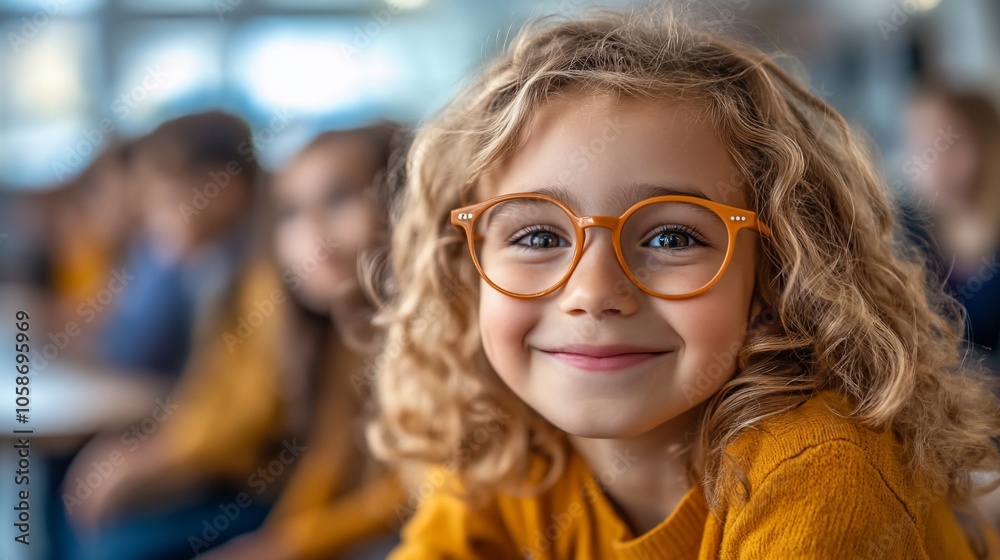 A young girl with blonde curly hair smiles at the camera while wearing glasses and a yellow sweater.
