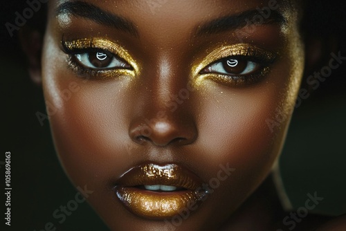 Captivating Portrait of a Glamorous Woman with Dramatic Metallic Makeup and Bold Facial Features photo